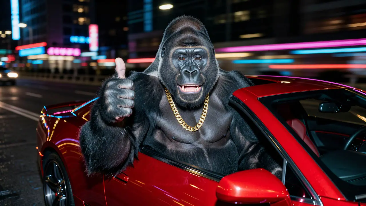 Harambe grinning out of a red supercar window at night